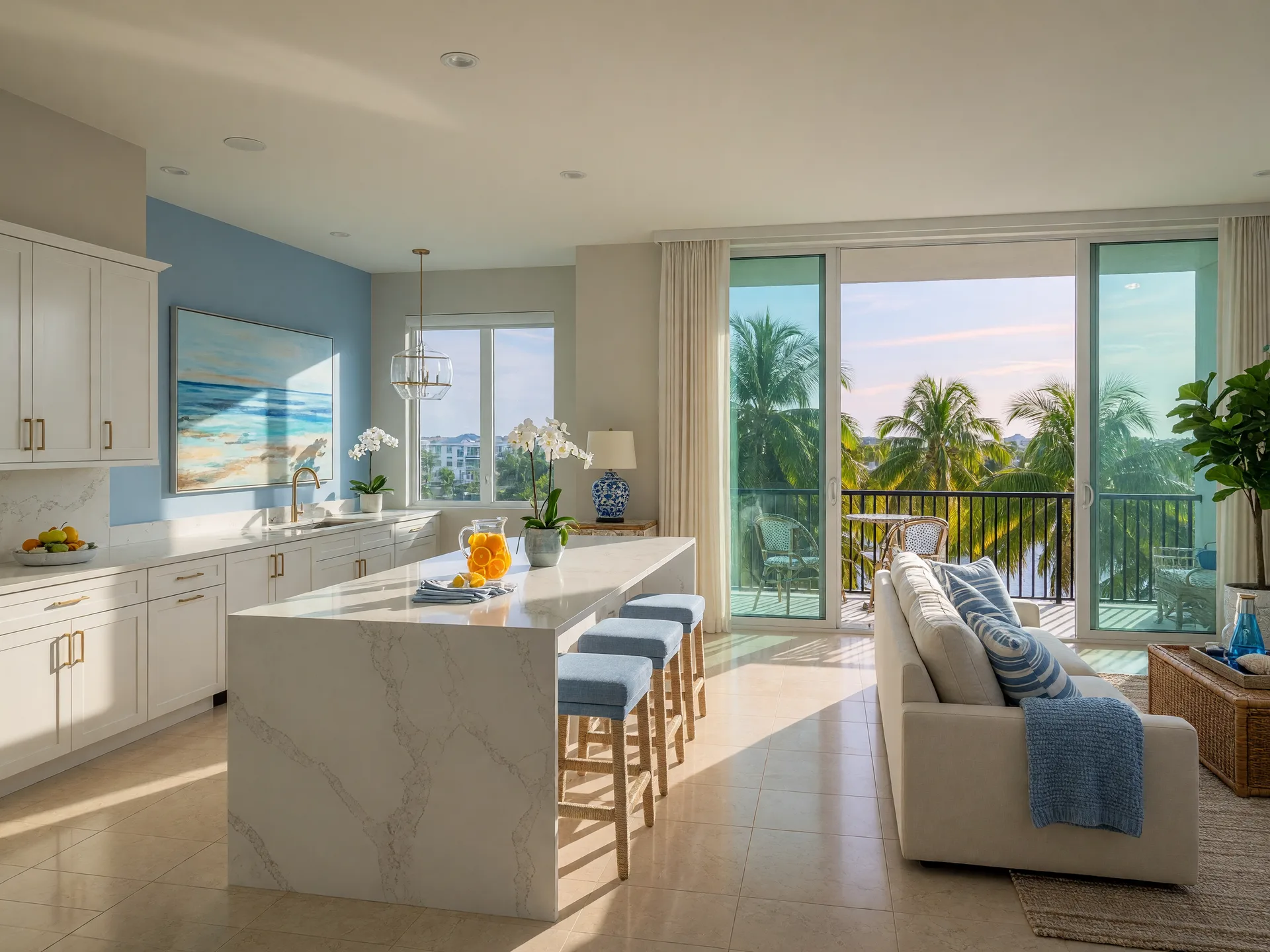 Bright modern condo great room in Palm Beach County with white cabinetry and sliding doors open to a balcony view