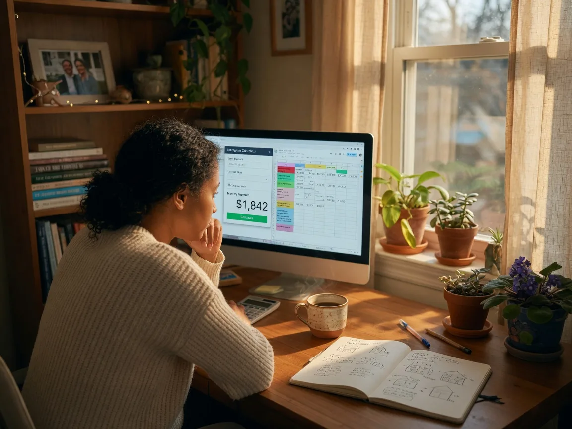 Person calculating home affordability on a laptop with mortgage calculator and budgeting spreadsheet for Florida home buying