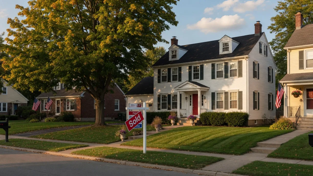 Colonial home with Sold sign in Lorain County on a summer afternoon