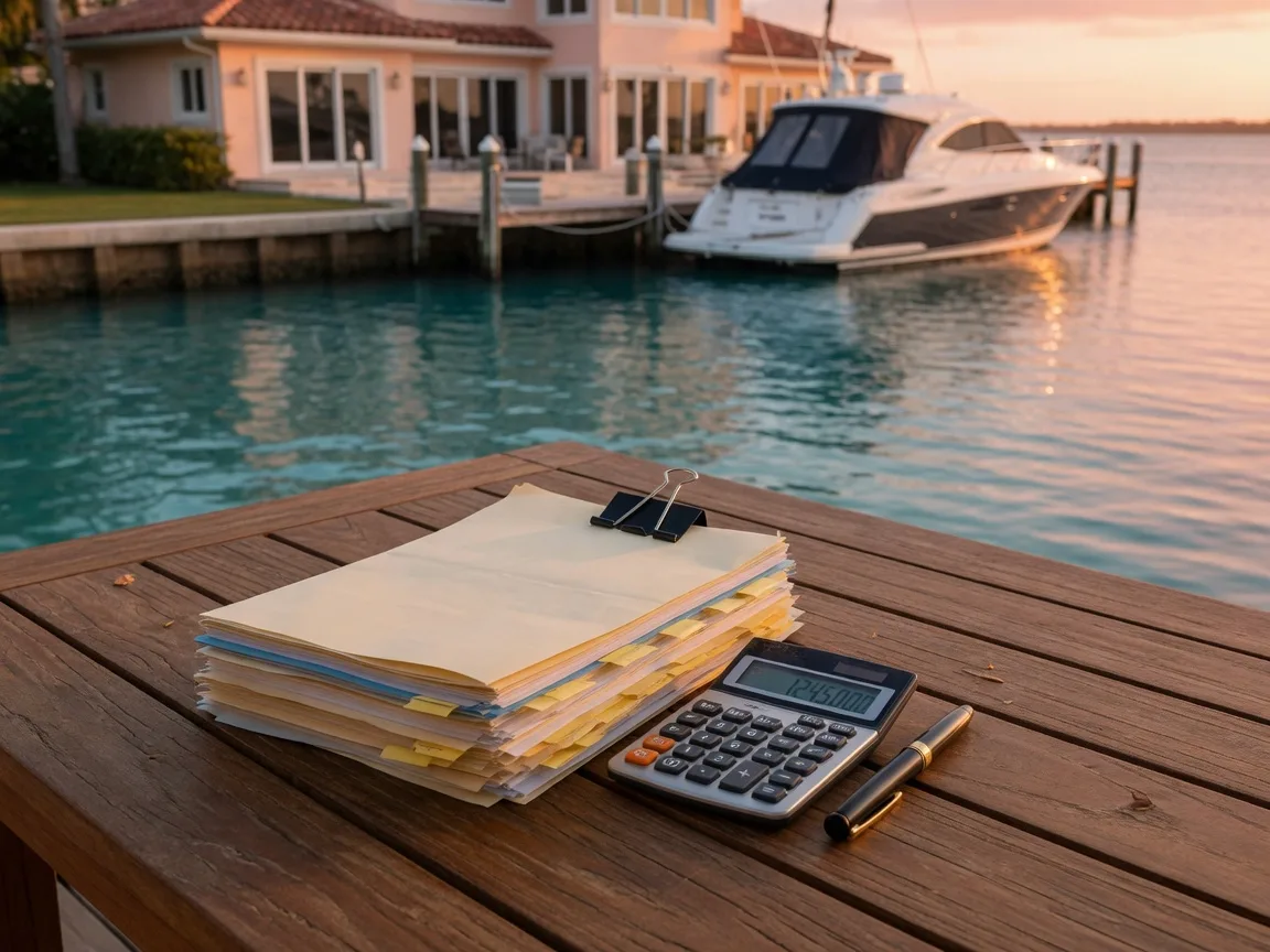 A stack of closing documents, a calculator, and a pen on a teak table beside a deep-water canal in the Florida Keys at golden hour, a luxury waterfront home and dock softly blurred in the background