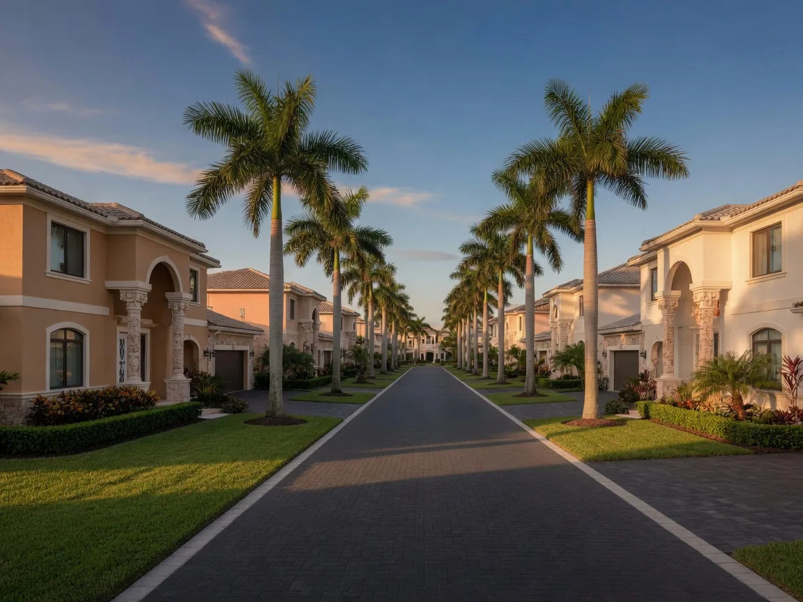 Palm-lined street of one-story villas at Villaggio Reserve in Delray Beach