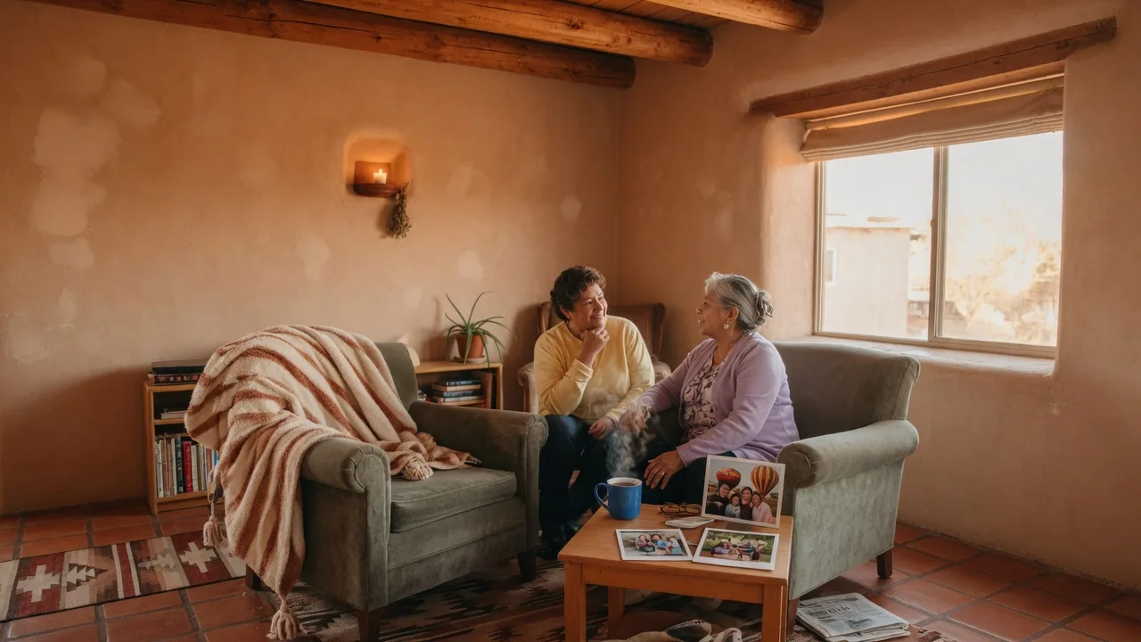 Two cozy armchairs facing each other beside a sunlit window with a steaming mug of tea, a throw blanket, and family photos, evoking a warm conversation in a New Mexico home