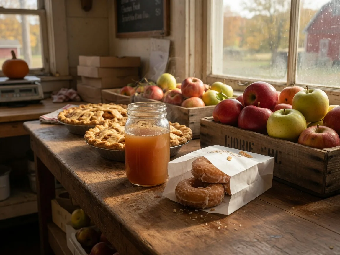 A jar of fresh apple cider, glazed cider donuts, and an apple pie on a wooden counter at a Chesterland farm market