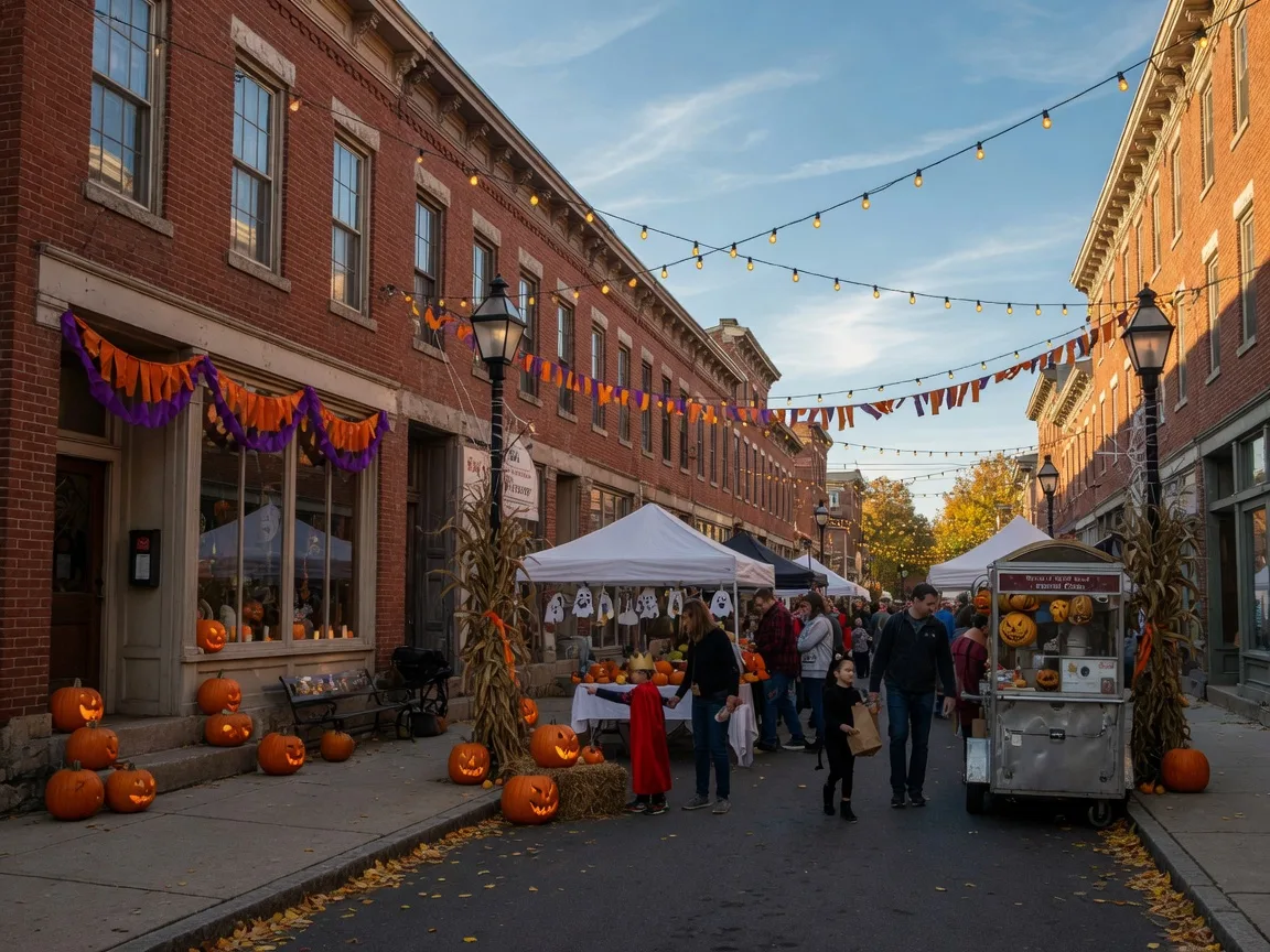 A small Pennsylvania borough main street in late October hosting a family Halloween street festival, vintage brick storefronts with orange-and-purple bunting, costumed children walking with parents between craft vendor tents and food carts, carved pumpkins and corn stalks on the sidewalks, warm string lights overhead in golden late-afternoon light