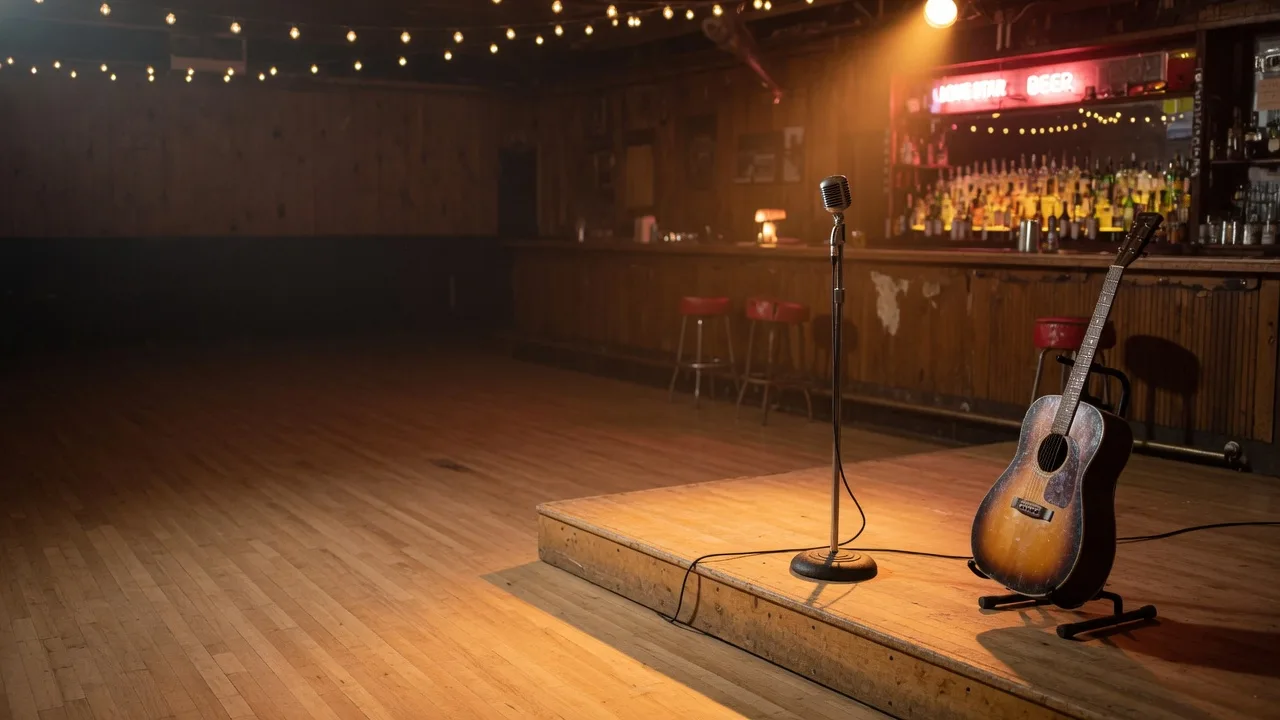 An intimate acoustic concert setting in a Texas dance hall with a wooden stage, a single microphone, amber lighting, and a vintage bar with neon glow