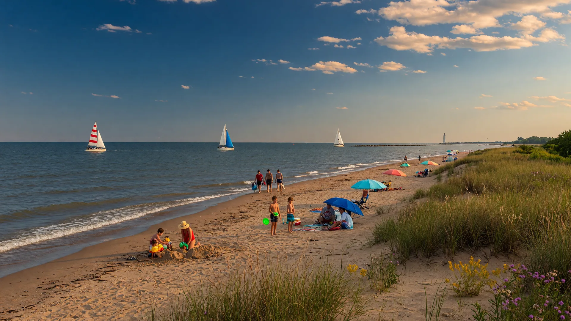Headlands Beach State Park in Mentor, Ohio on a warm late-summer afternoon with sand beach and Lake Erie shoreline