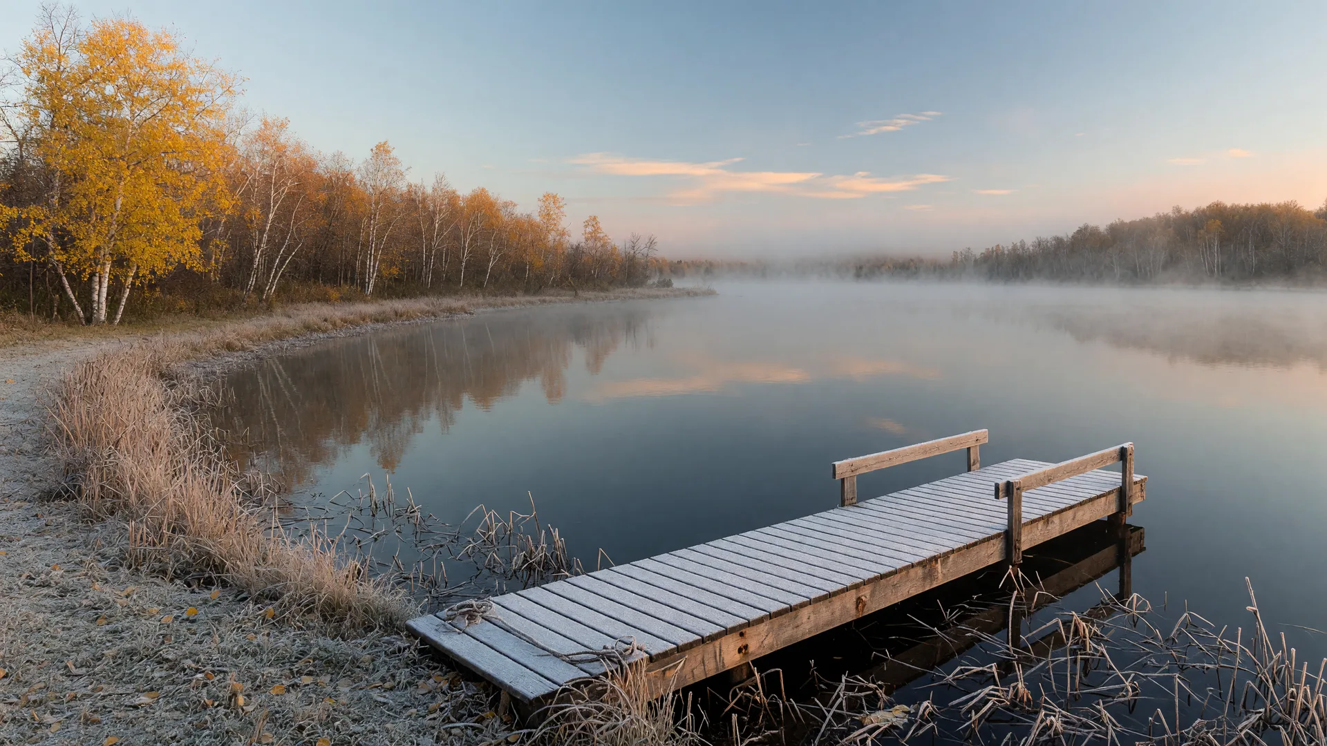 A central Minnesota lake at first light in late October after the first hard frost, with ice-crusted reeds, a frost-coated wooden dock, golden aspen and birch along the shoreline, and low mist over still cold water