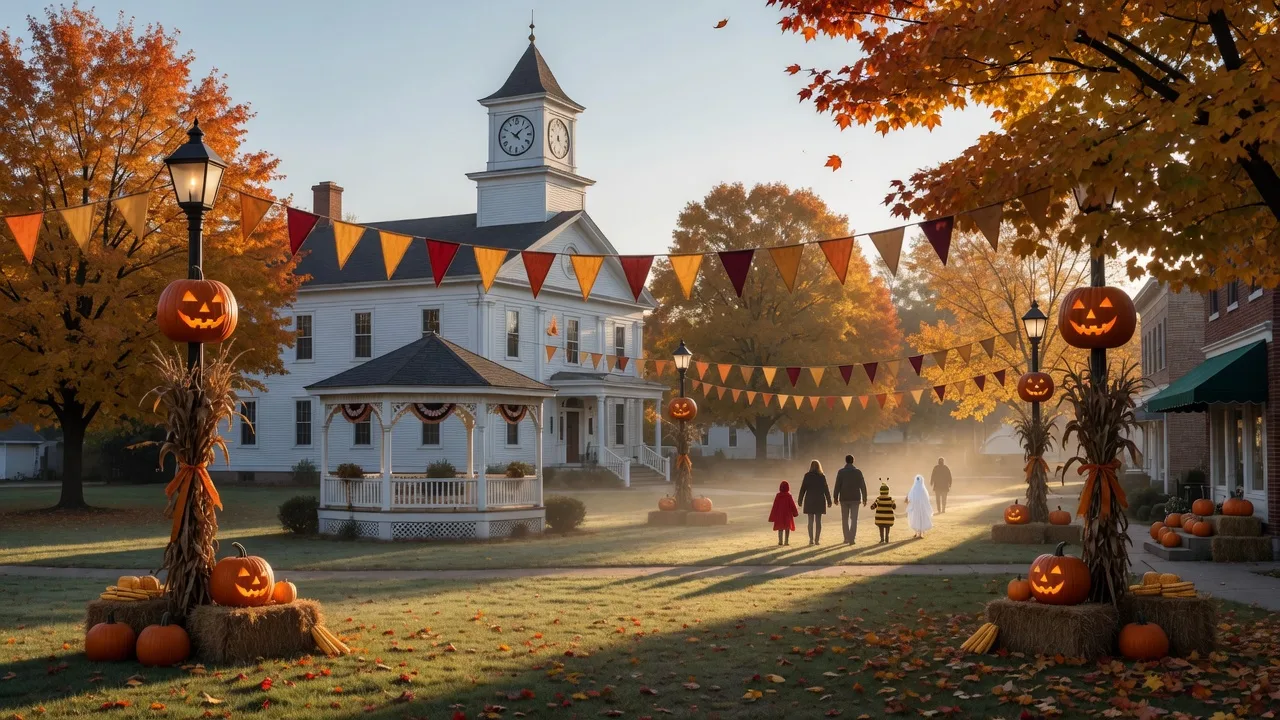 A small midwestern village green with pumpkins and corn-stalk decorations in golden October morning light