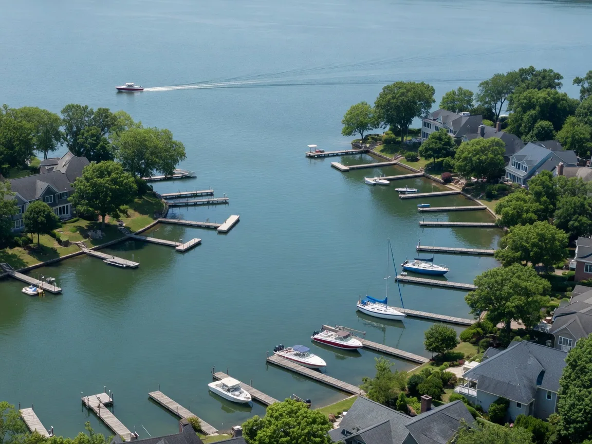 Aerial view of a Lake Norman residential shoreline with private docks, moored boats and tree-lined coves