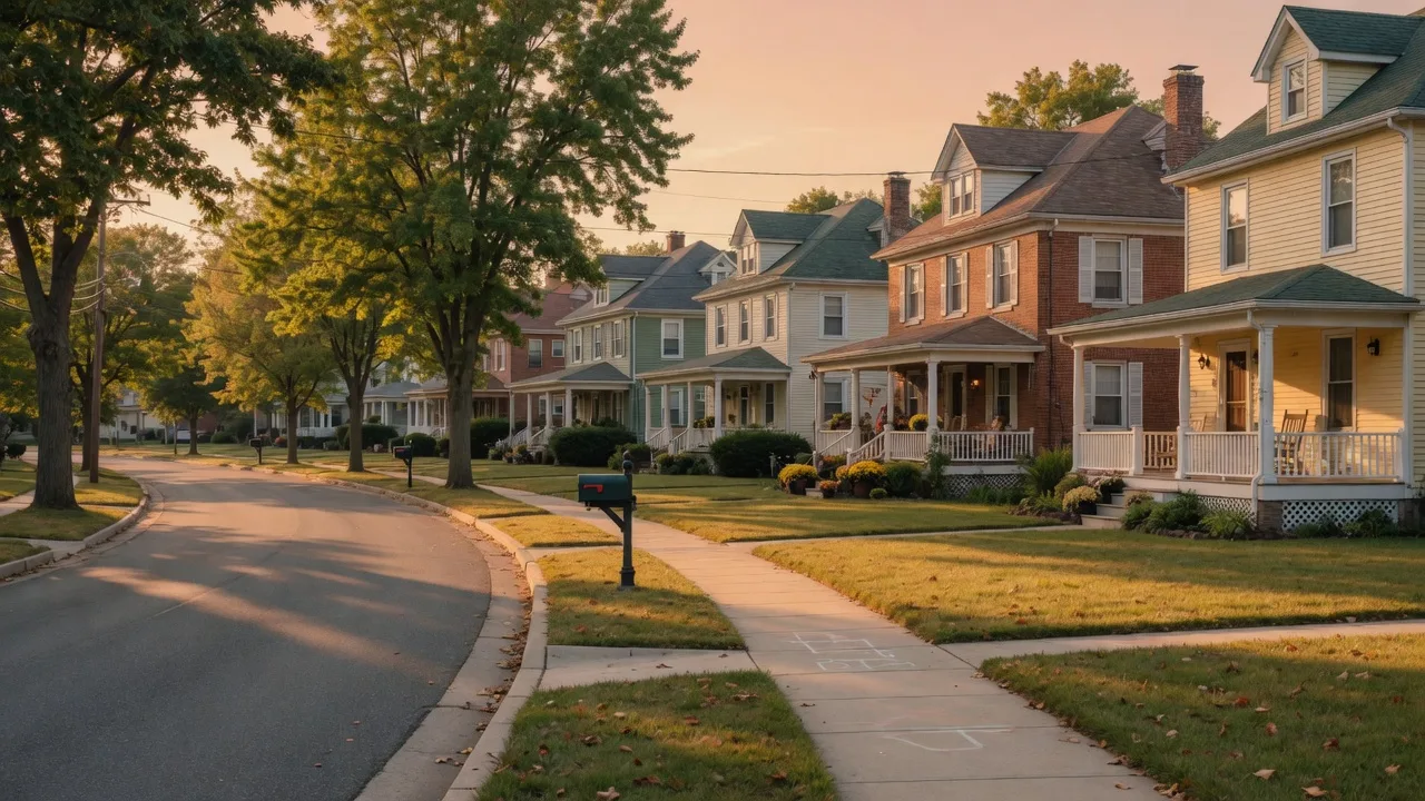 Quiet suburban street in South Jersey in golden-hour light