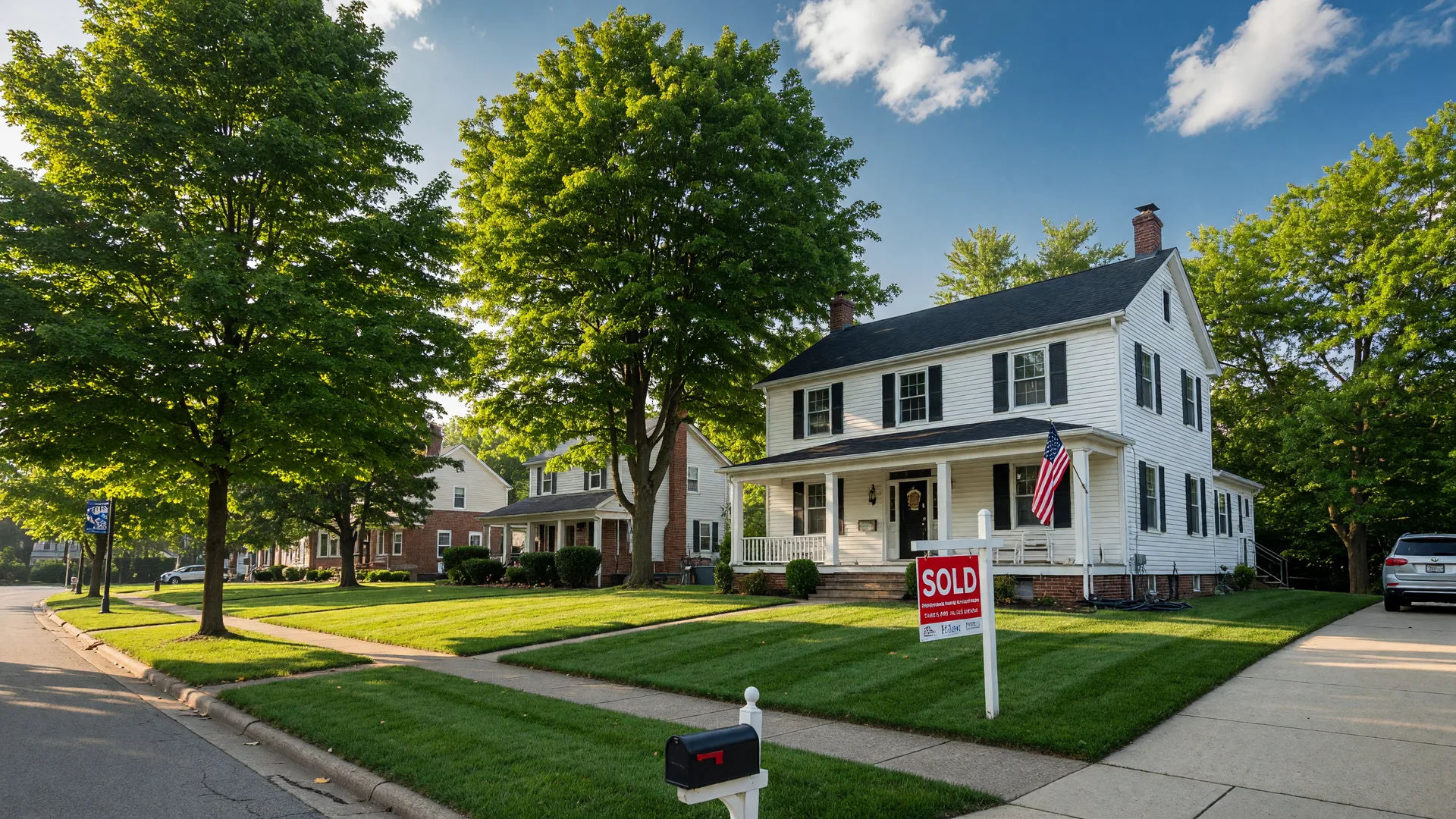 Colonial home with Sold sign in Western Cuyahoga County on a summer morning