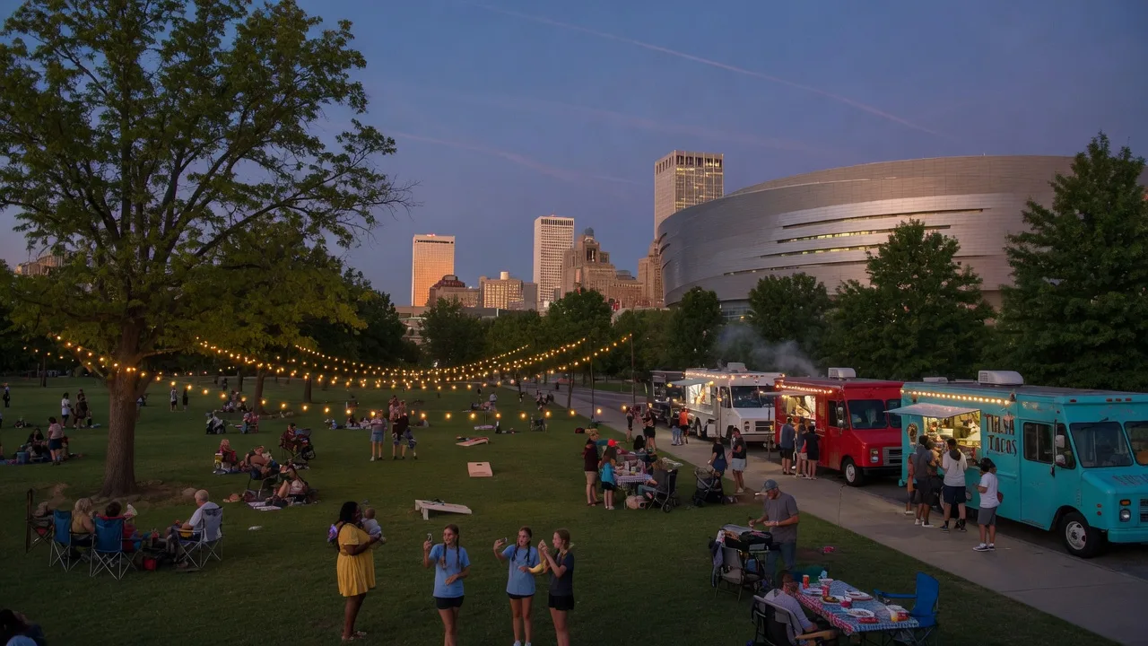 Community block party at Chapman Green in downtown Tulsa with string lights, food trucks, and people gathering on the lawn at dusk