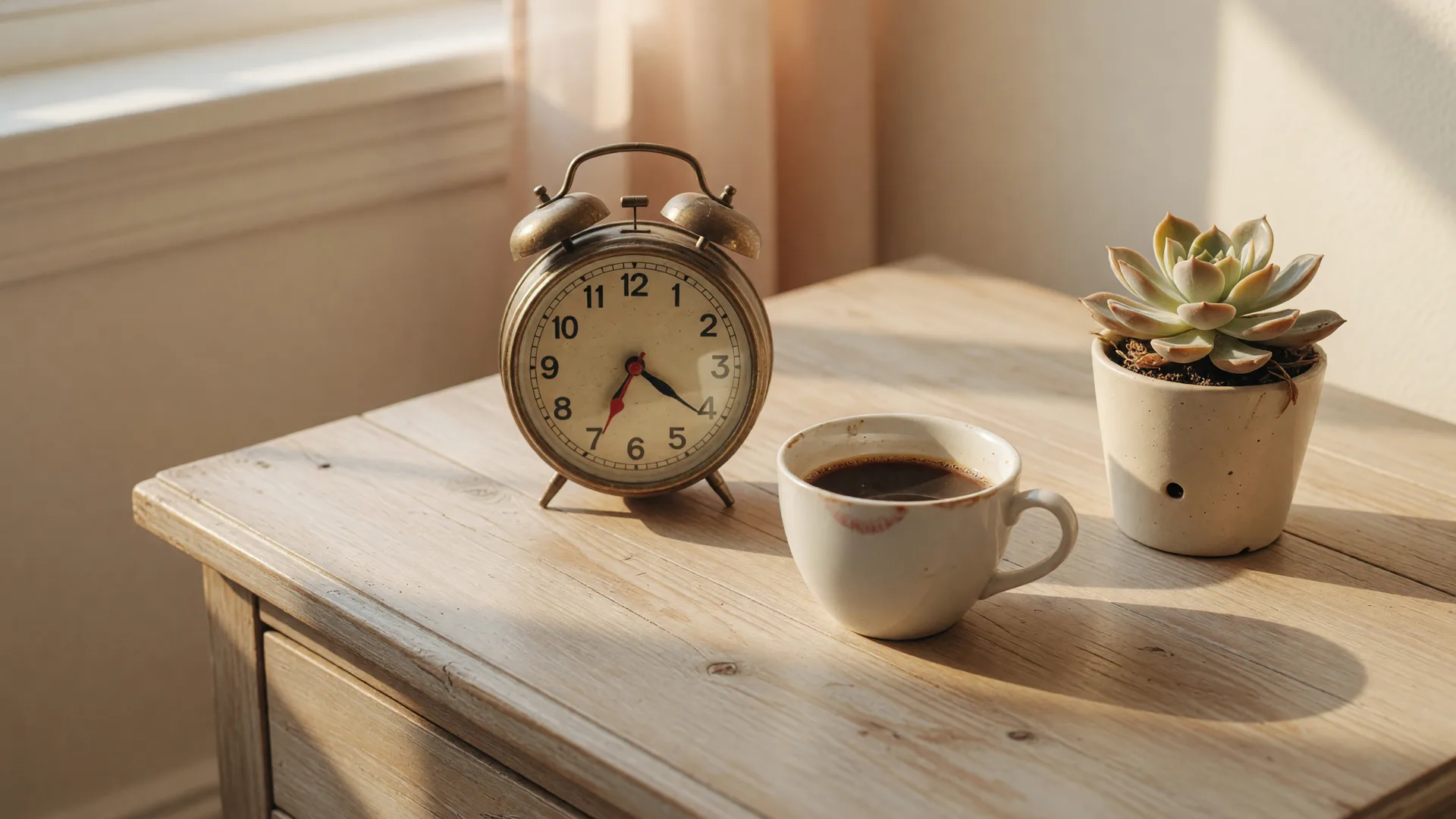A vintage alarm clock and half-finished coffee on a wooden nightstand in soft morning light