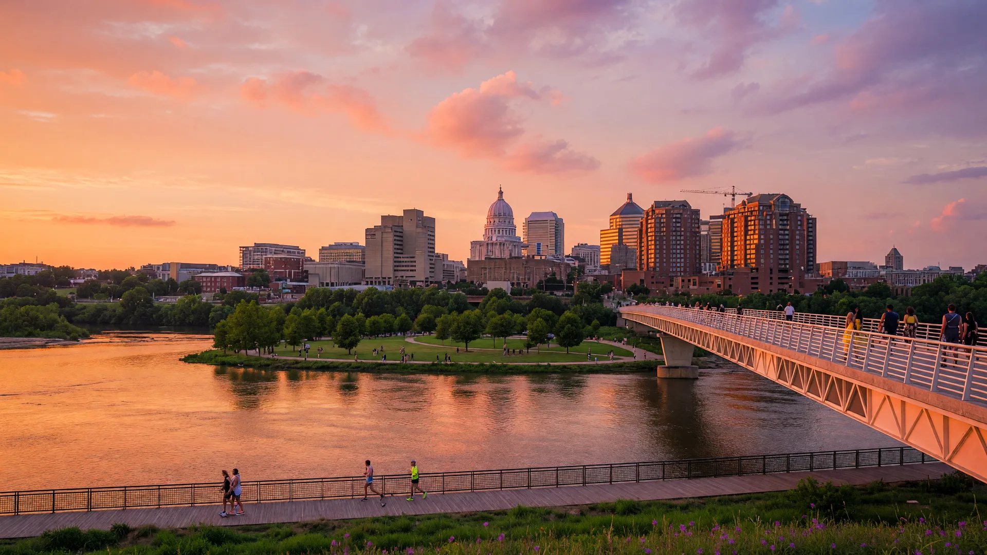 Richmond skyline at sunset from the James River, golden hour over Brown's Island