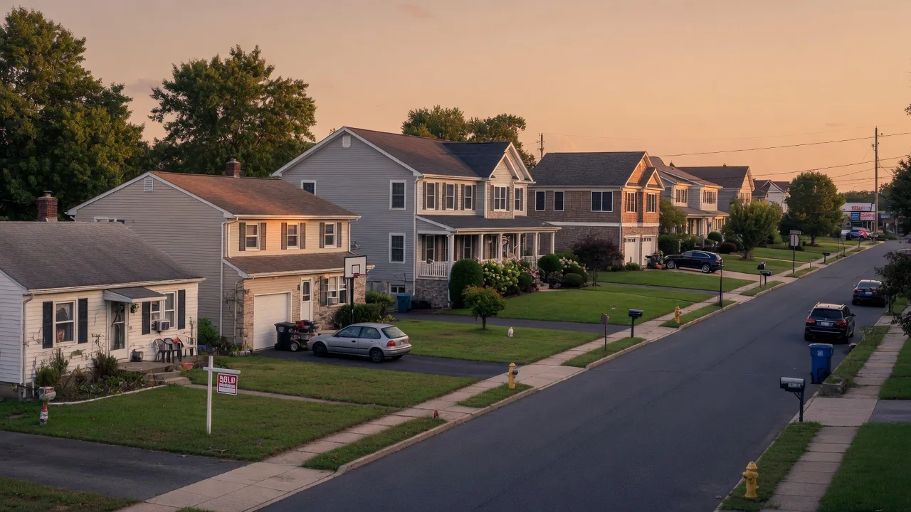 Suburban South Jersey neighborhood street with colonial and contemporary homes at golden hour