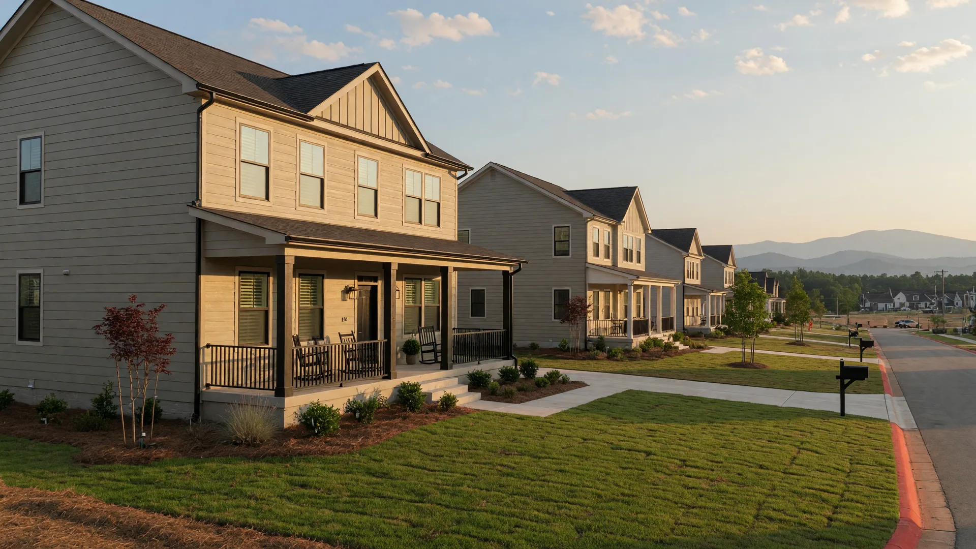 A brand-new modern single-family home in an Upstate South Carolina community at golden hour, with fresh siding and a covered front porch