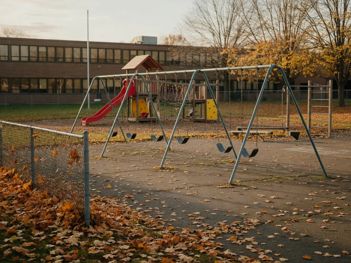 Empty school playground with swings in autumn