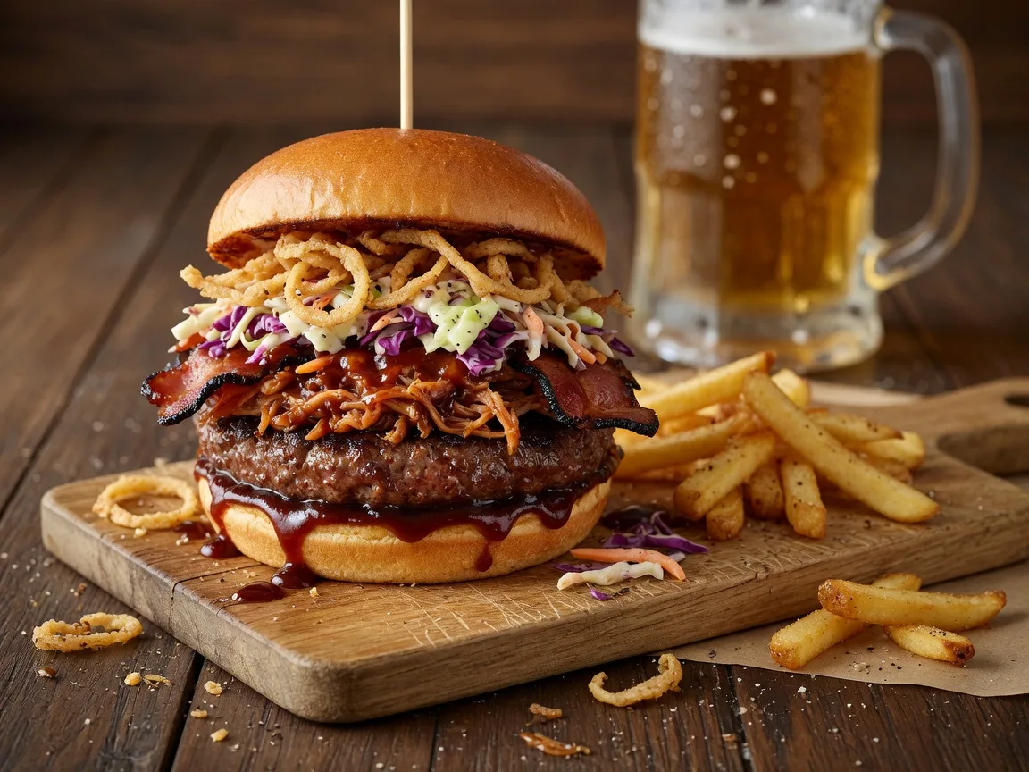Signature Pig Tales Burger with smoked pulled pork, bacon, coleslaw, and fried onion straws on a wooden board with fries and a frosty beer at Pig Tales on Lake Lanier