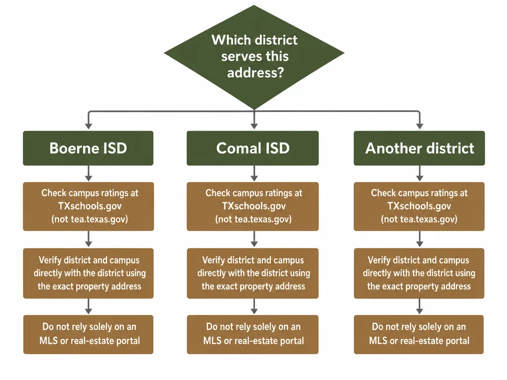 Decision flowchart starting with which district serves the address (Boerne ISD, Comal ISD, or another district), then checking campus A-F ratings at TXschools.gov, and a footer note to verify the assigned district directly with the district using the exact property address