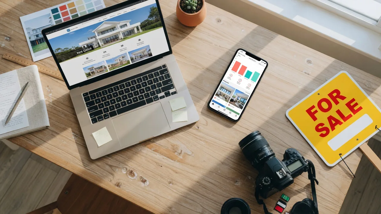 Overhead flat-lay of laptop, smartphone, and camera for digital marketing