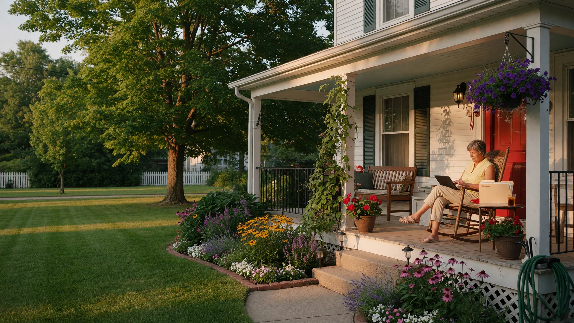 Cozy Mid-Michigan family home at golden hour with a homeowner reviewing insurance documents on the front porch