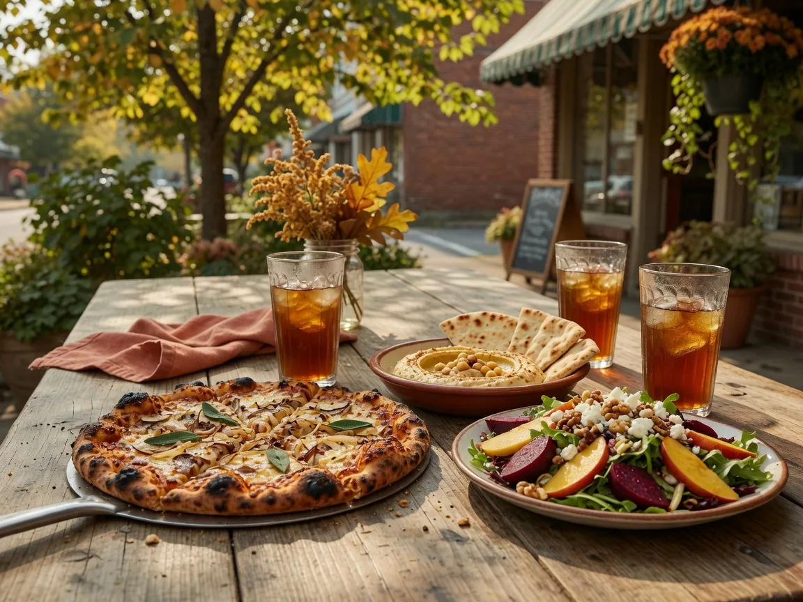 An autumn al fresco lunch table with wood-fired pizza, hummus, a harvest salad, and iced tea