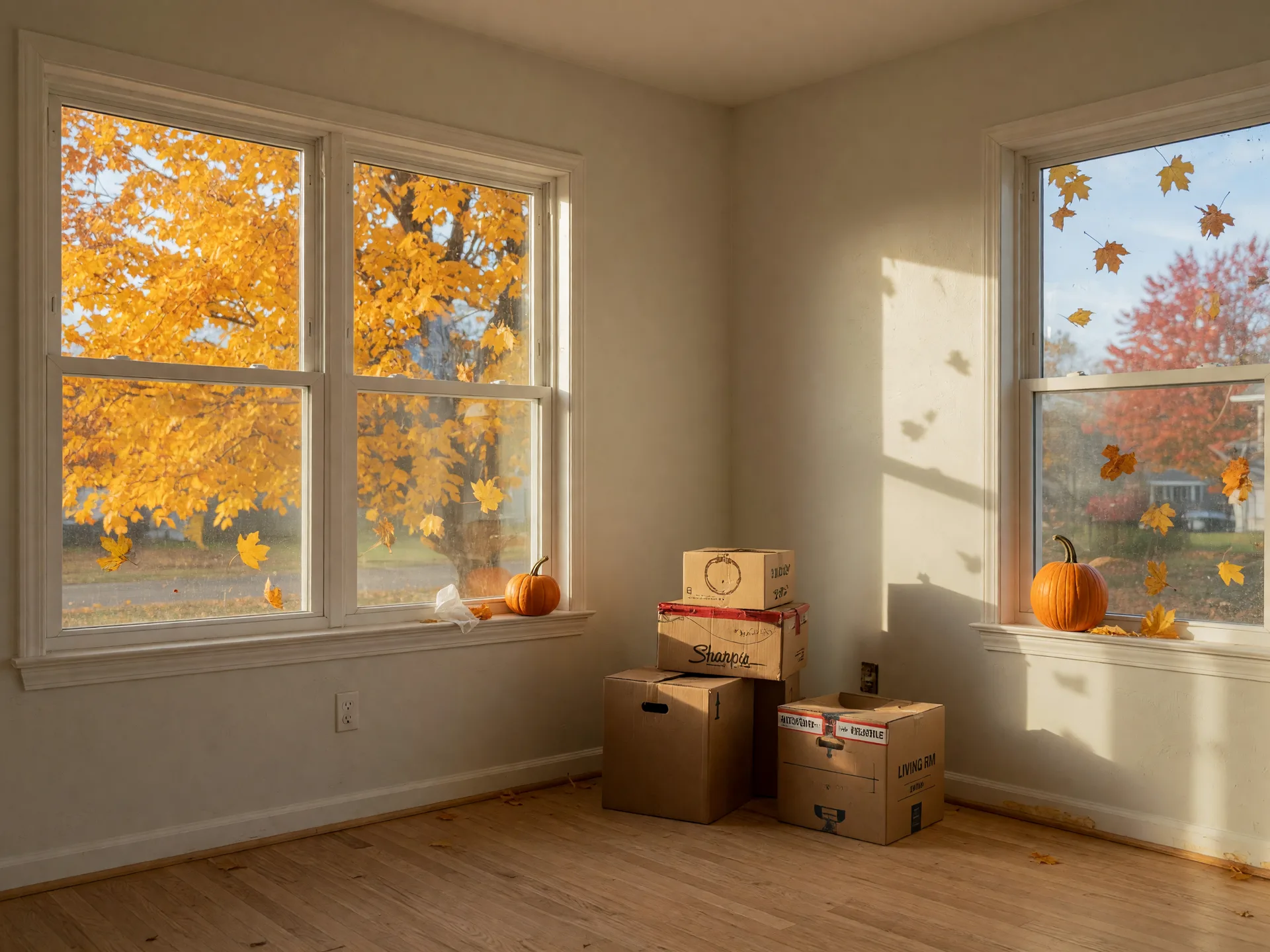 Moving boxes in a bright, freshly painted living room with golden autumn light coming through big windows, the payoff of an on-time fall close