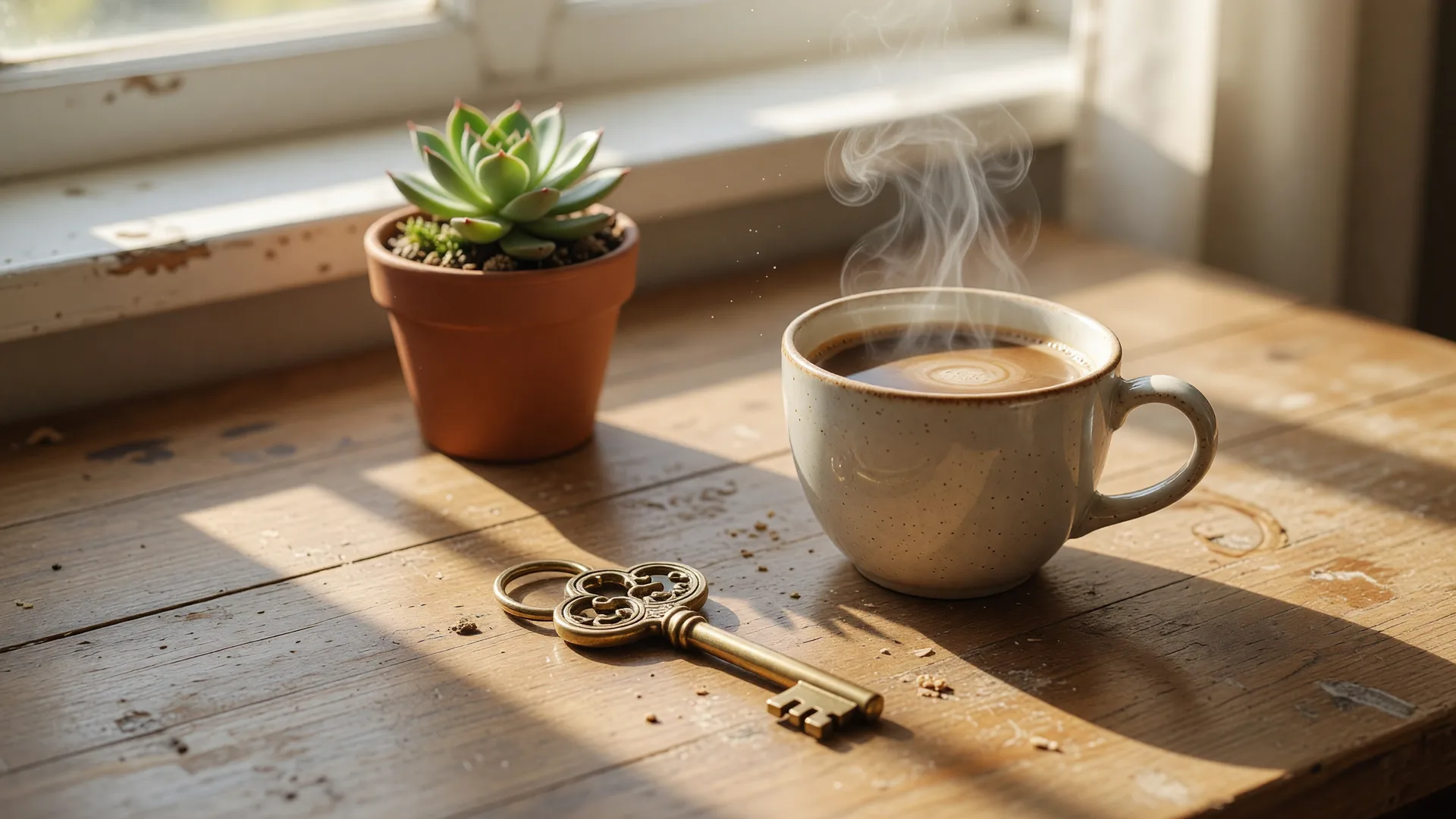 A golden key on a wooden table beside a coffee cup in warm morning light