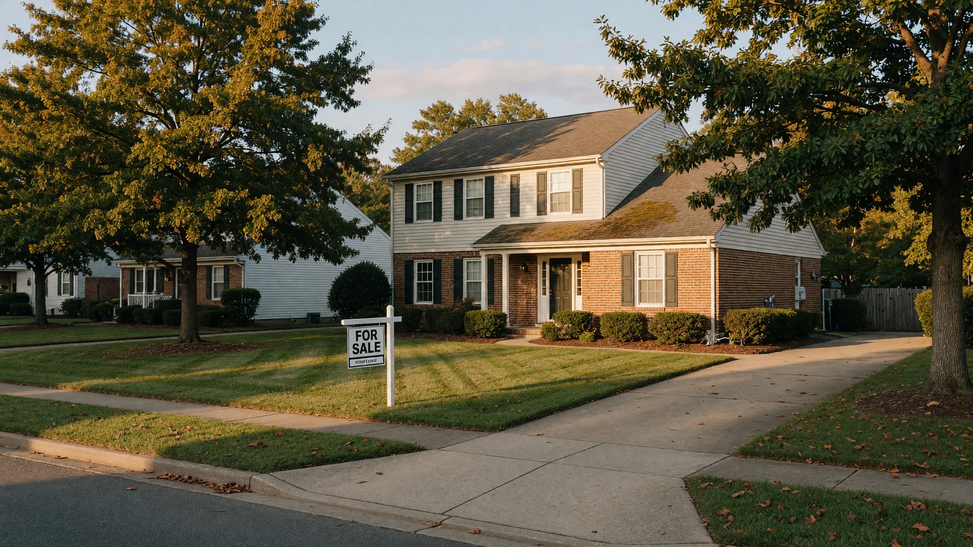 Single-family home in Virginia Beach with a For Sale sign in the front yard in soft late-afternoon light