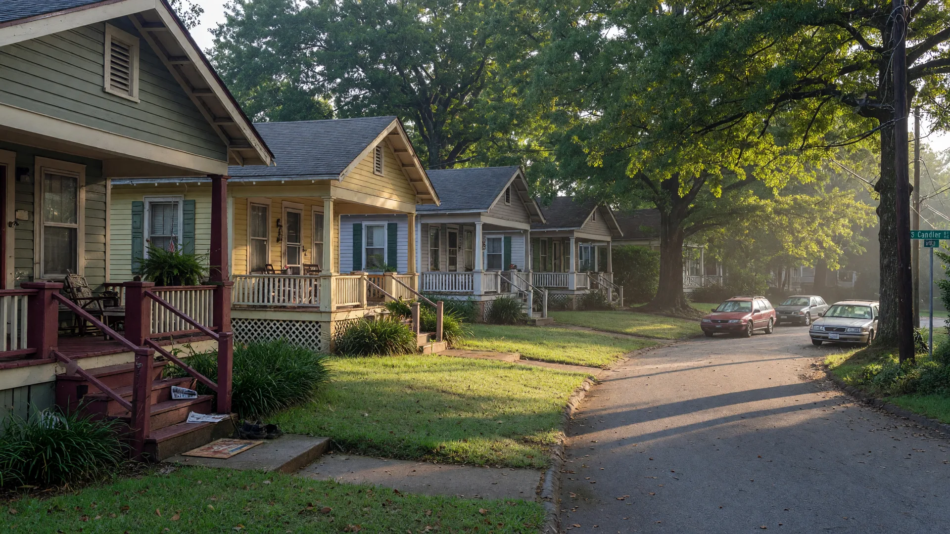 A quiet street of painted Craftsman bungalows in Kirkwood, Atlanta,in morning light