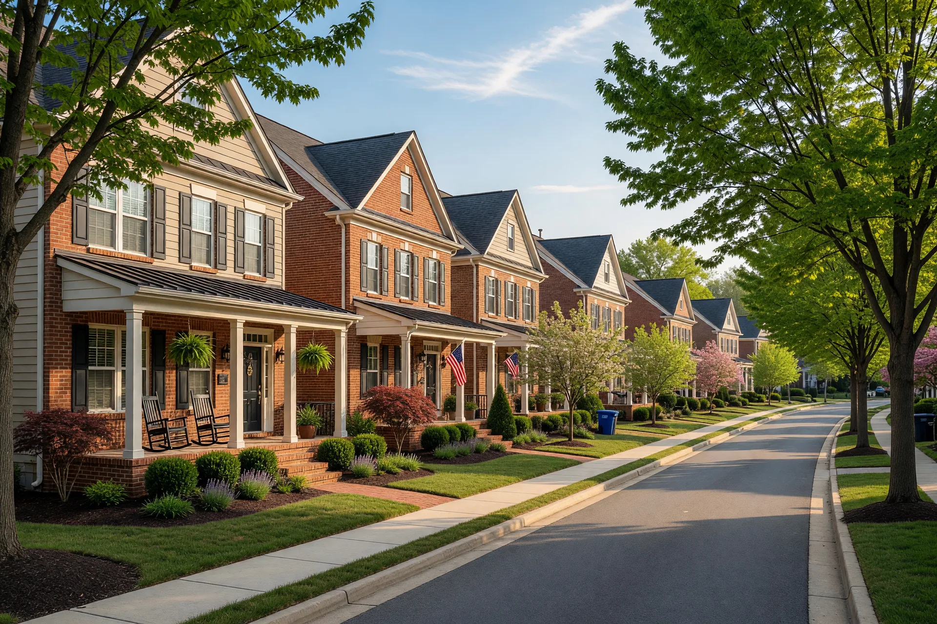 Bright daylight view of a tree-lined residential street in Rockville, Maryland