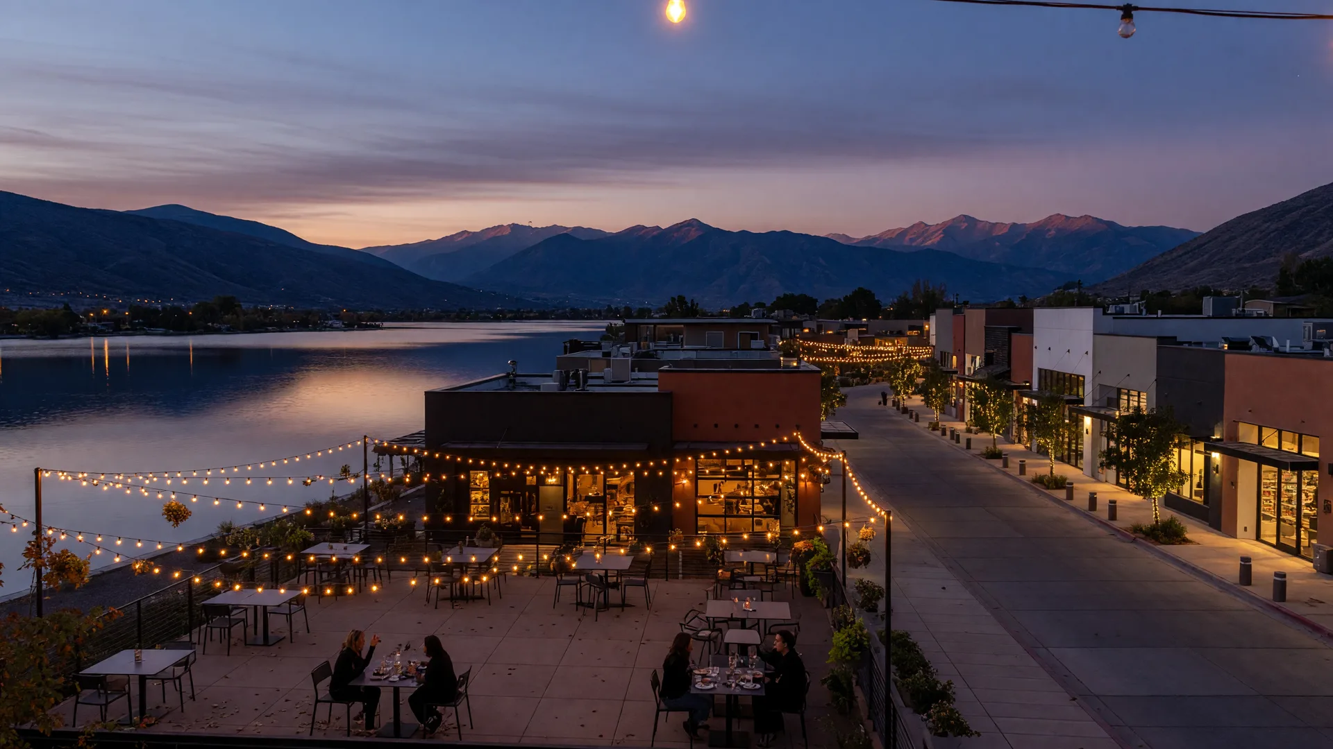 Lakeside dining and entertainment district at dusk with string lights and mountain views near Herriman, Utah