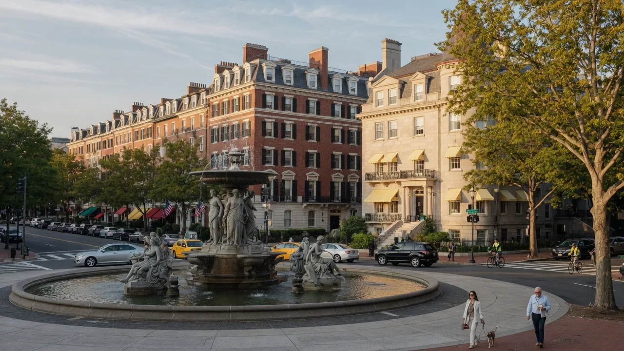 The Dupont Circle fountain in Washington, DC framed by historic row houses on a clear late-summer morning
