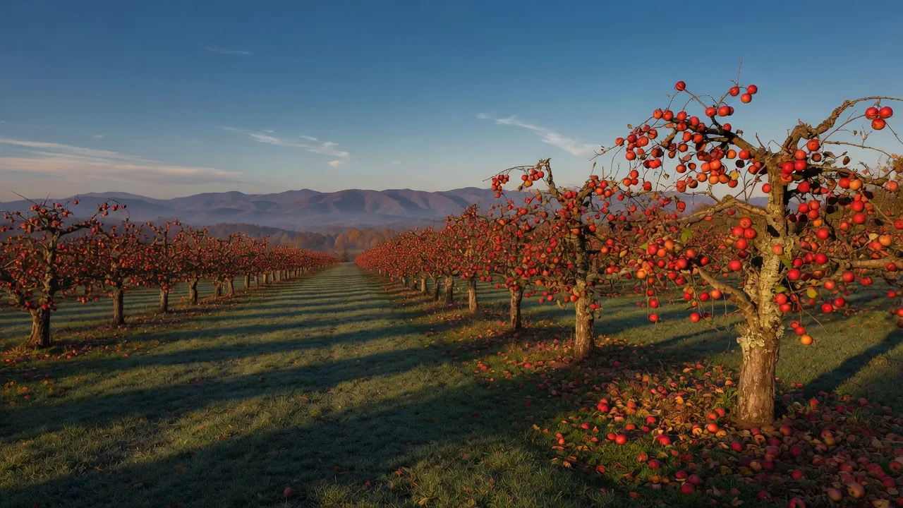 Rows of apple trees heavy with red fruit on a North Georgia orchard in October morning light