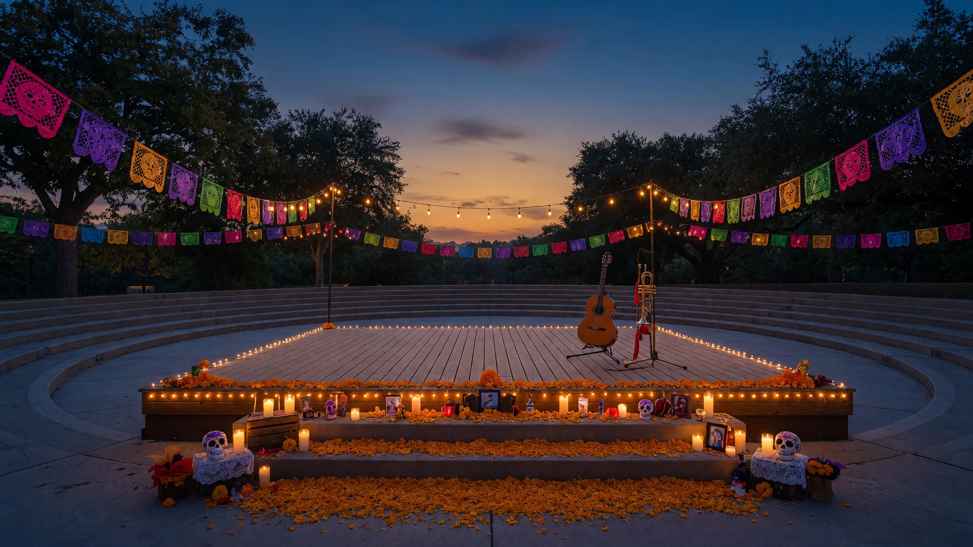An outdoor amphitheater at dusk set for Día de los Muertos with marigolds, candles, and a mariachi stage under string lights