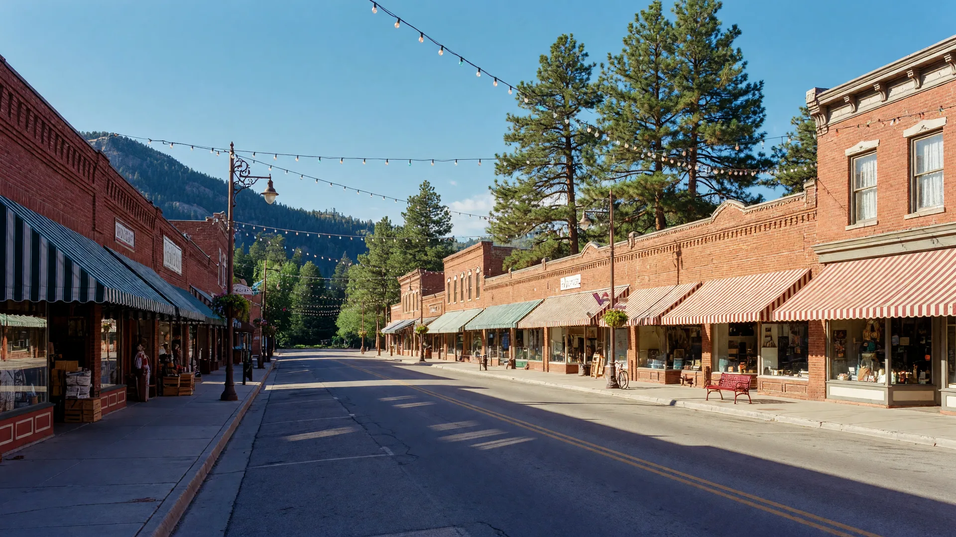 Historic downtown Flagstaff main street with early 1900s brick storefronts beneath a clear blue sky
