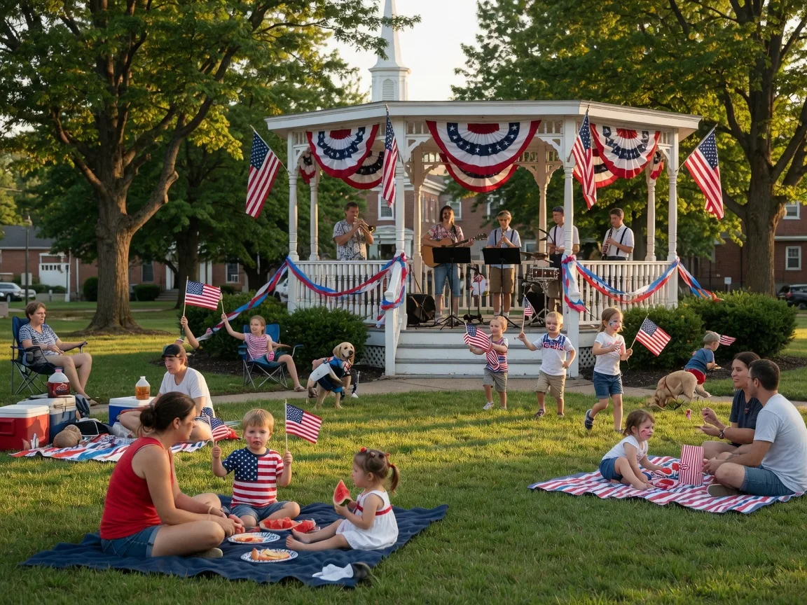 A small-town America 250 celebration in Abington Township, Pennsylvania, with families on picnic blankets on a town green, a band playing from a gazebo stage, bunting and American flags, warm golden-hour light filtering through trees