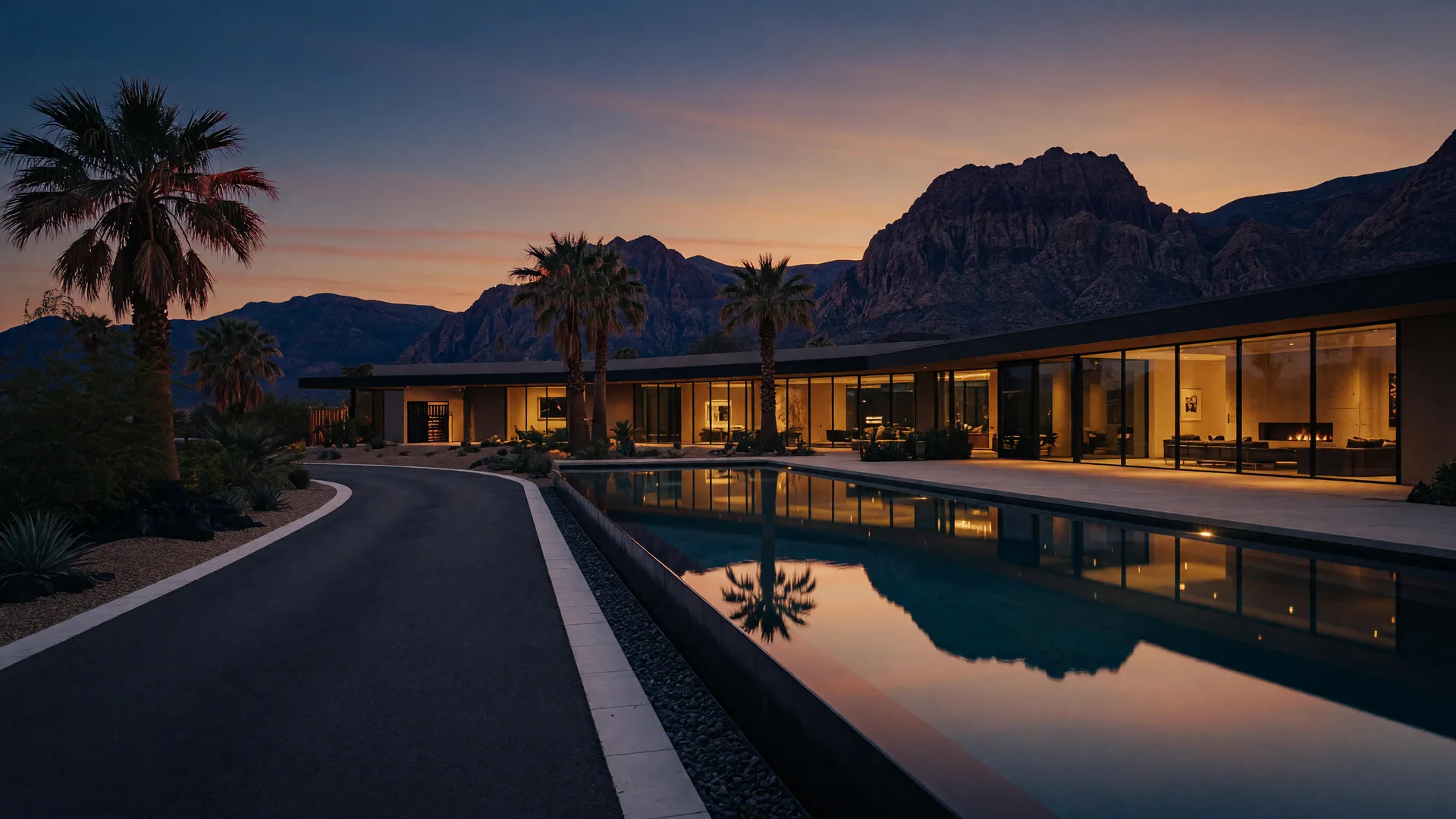 Modern luxury desert estate in the Las Vegas foothills at dusk with an infinity pool and red-rock mountain silhouettes