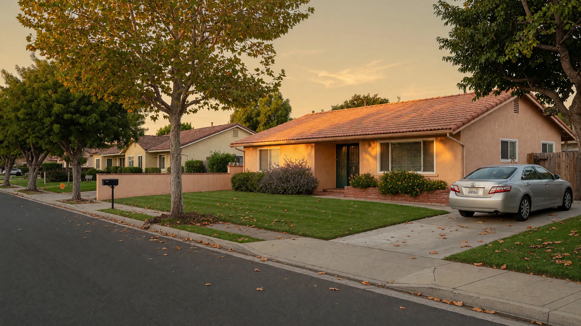A well-maintained single-family home on a tree-lined San Diego residential street, suitable for recovery housing