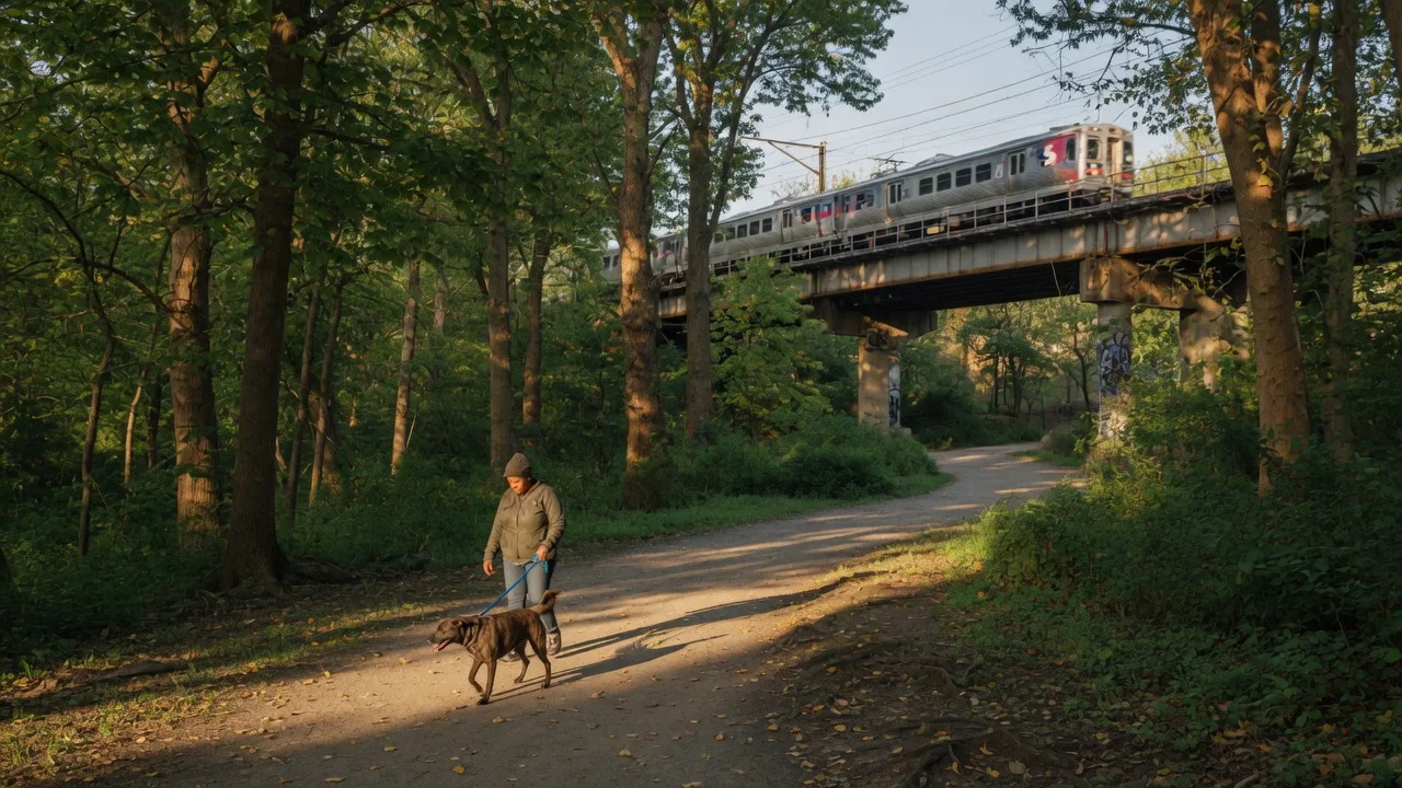 Peaceful walking path near Wissahickon Valley Park in Mt. Airy with a person walking a dog and a SEPTA train passing in the distance