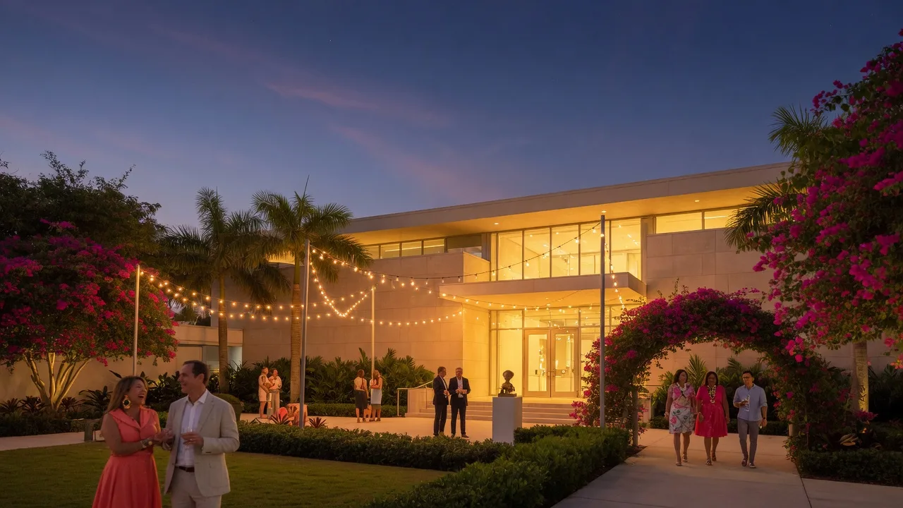 Norton Museum of Art in West Palm Beach during Art After Dark evening event with golden lighting and guests on the grounds