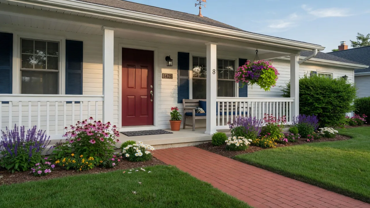 Well-maintained home exterior with a burgundy front door, flower beds, and manicured lawn on a sunny morning