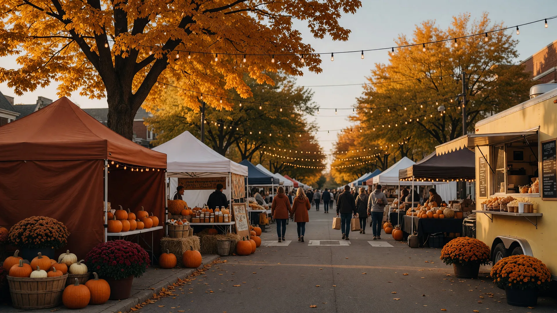 The 34th Annual Waldo Fall Festival on a tree-lined street in Kansas City with vendor tents, food trucks, string lights, pumpkins, and families strolling on an October afternoon