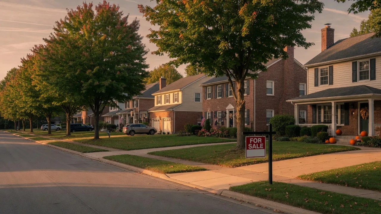 A tree-lined suburban street in central Indiana in late September golden hour, with a real estate For Sale sign by the curb as autumn color begins
