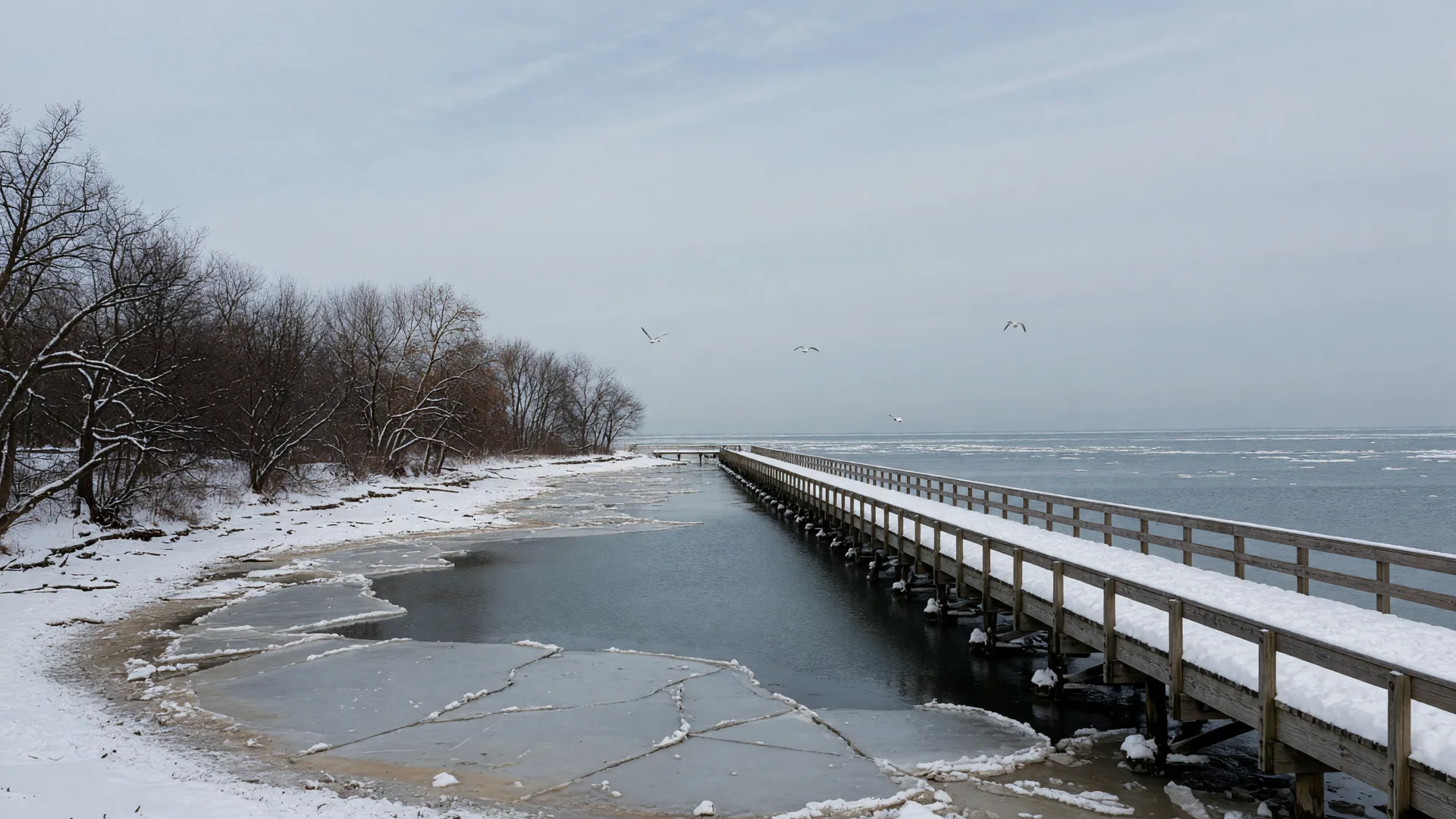 A snow-covered wooden pier extending over partially frozen Lake Erie with snow-dusted trees along the Euclid shoreline