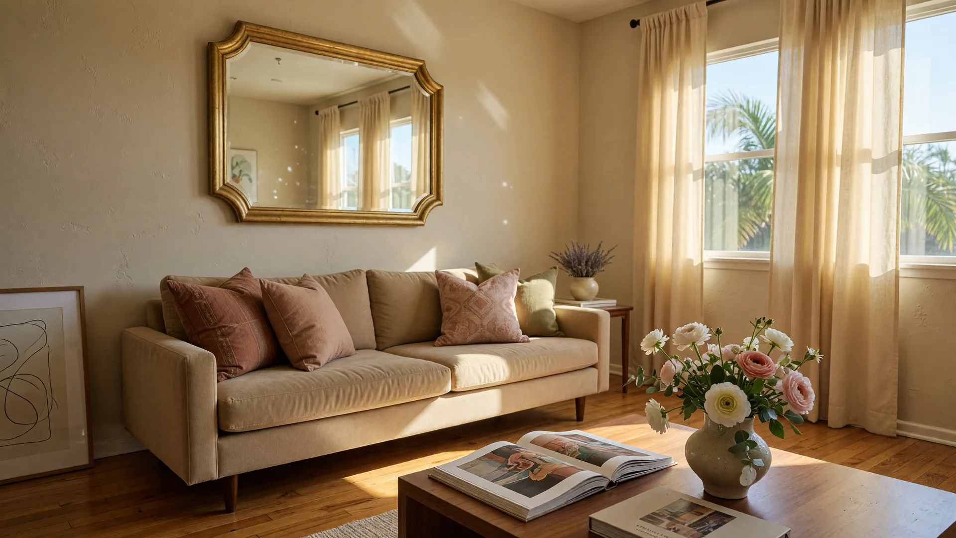 Beautifully staged living room in a Merced County home featuring a neutral color palette, modern sofa with throw pillows, hardwood floors, natural light from large windows, and tasteful decor