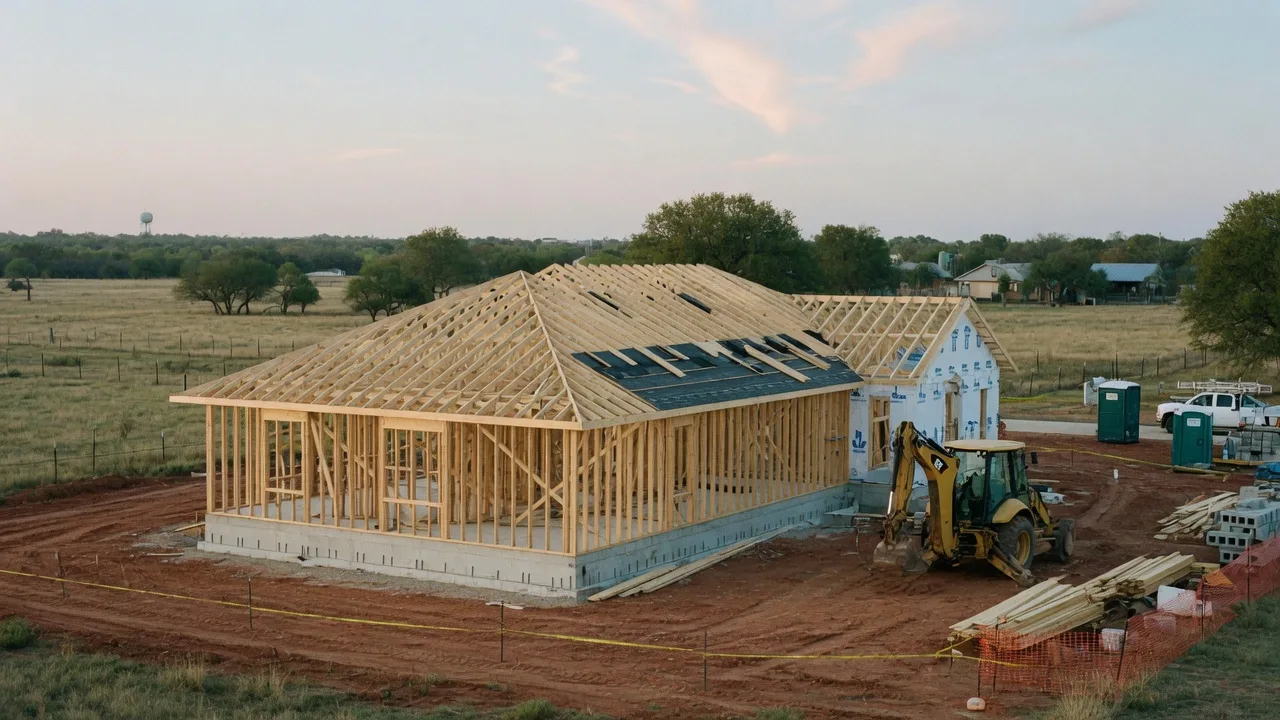 Wood framing and construction equipment at the Haven of Hope maternity home construction site in rural Texas under a clear blue sky