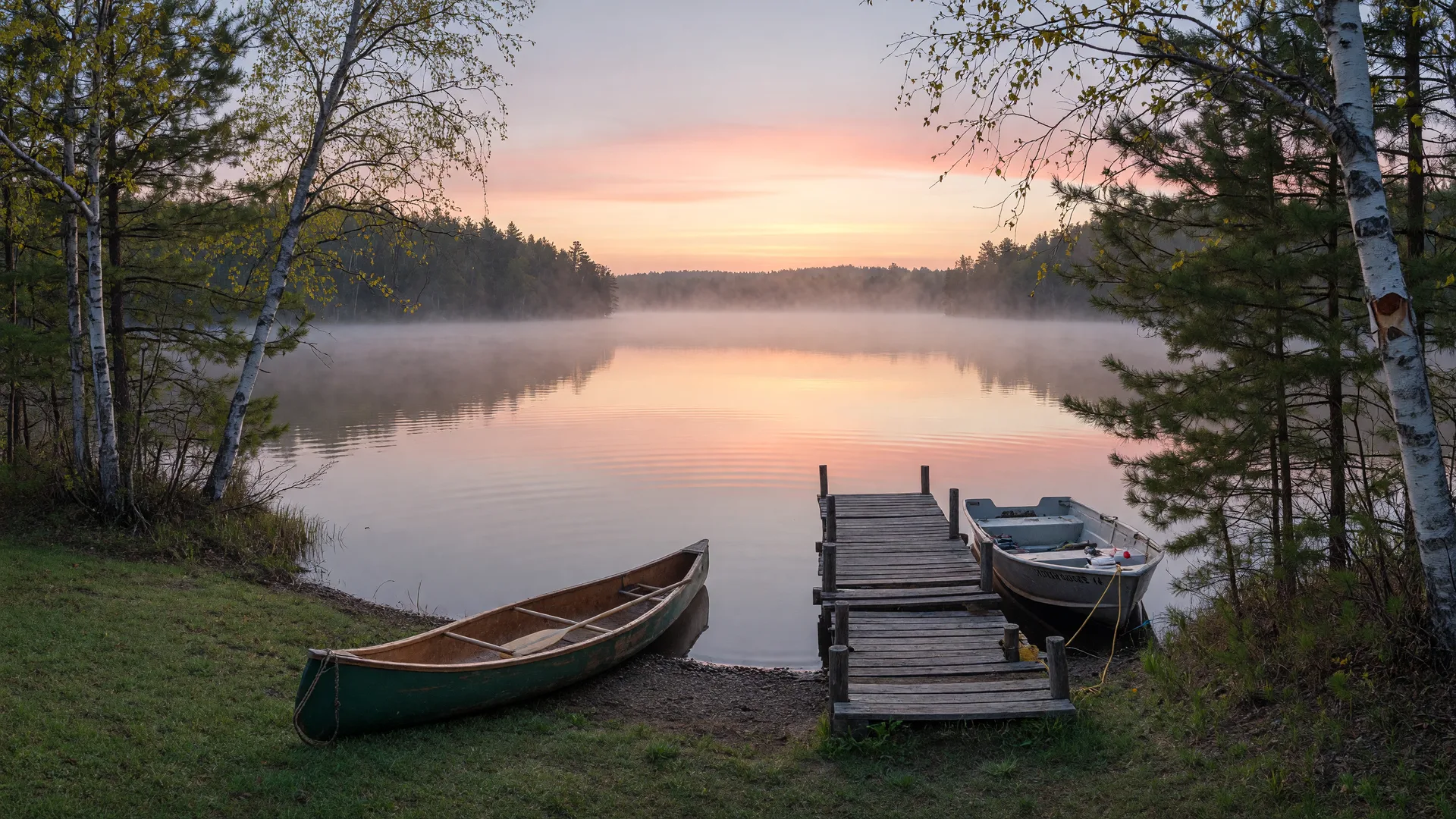 Quiet smaller lake at sunrise with a canoe on the shore near Lake Shore, Minnesota