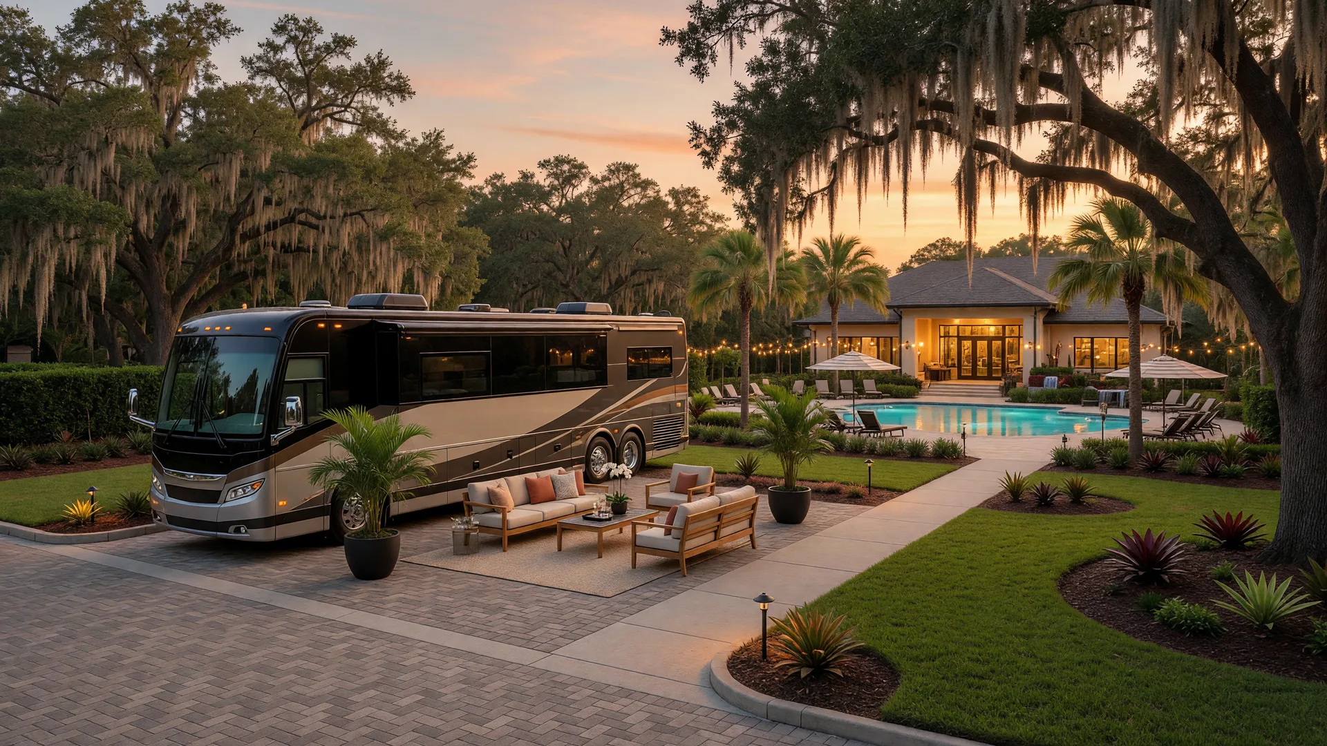 A luxury motor coach on its own landscaped lot in a premium Central Florida RV resort at golden hour