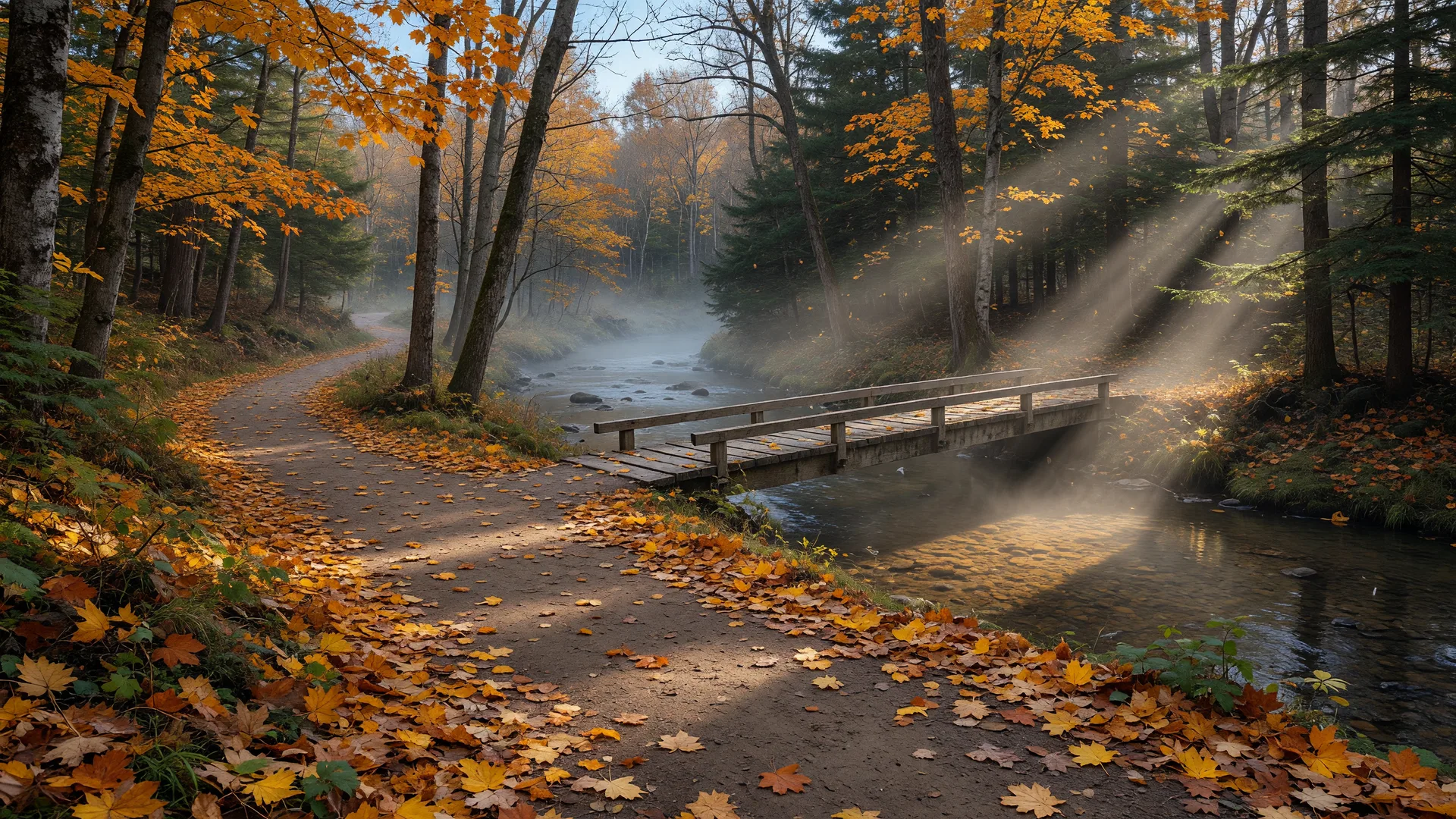 A forested creek trail in autumn with golden leaves on the path and a small footbridge over the stream